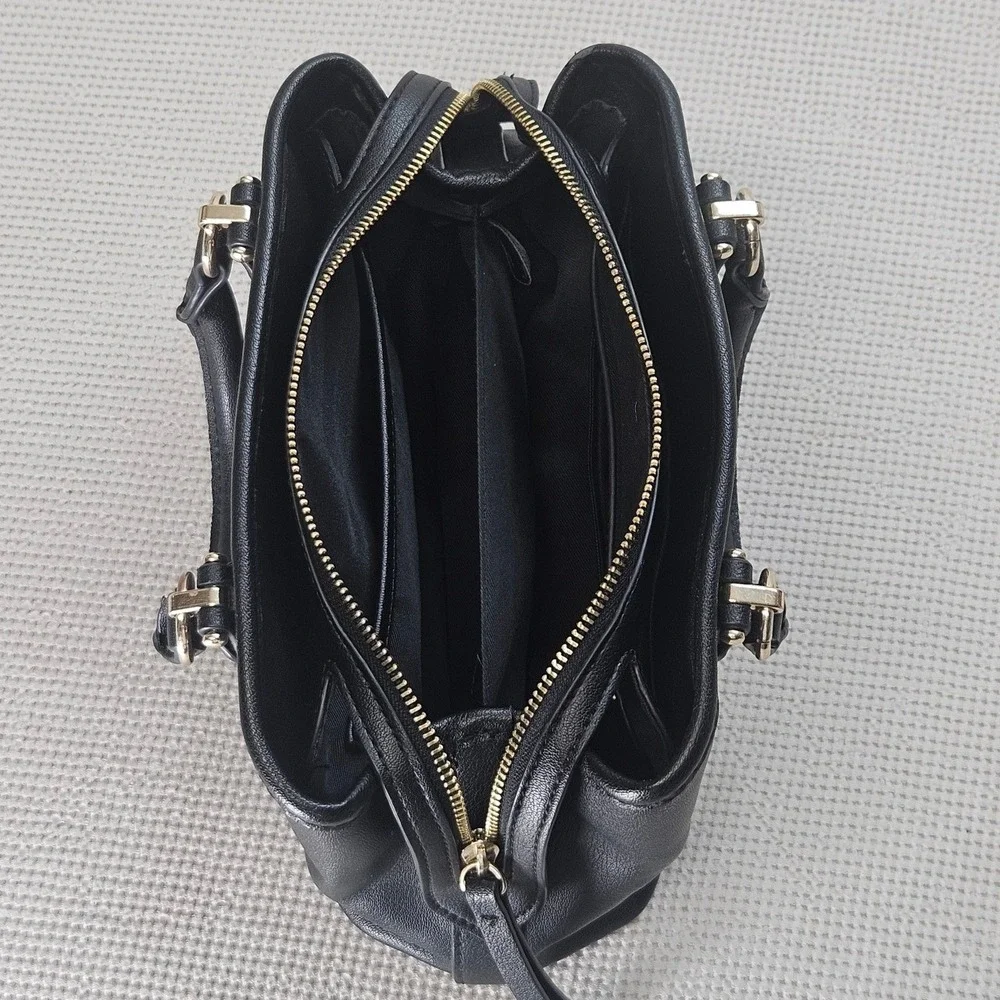 Nine West Black Pebbled Faux Leather Satchel Bag Gold Hardware Three Compartment